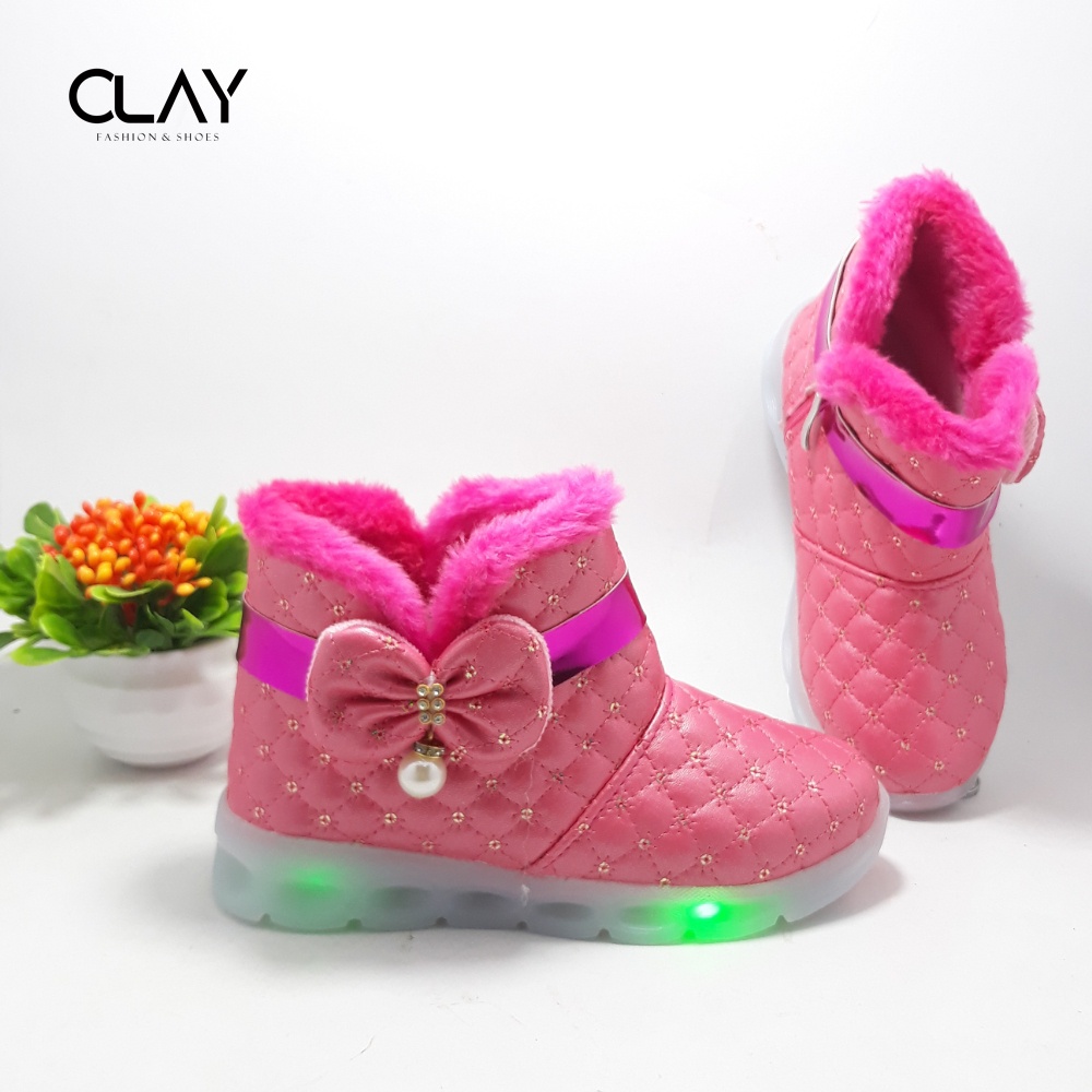 Clay| Sepatu Boot Lampu LED Anak Perempuan | Sepatu Boot Bulu CNL LED Bulu Cantik