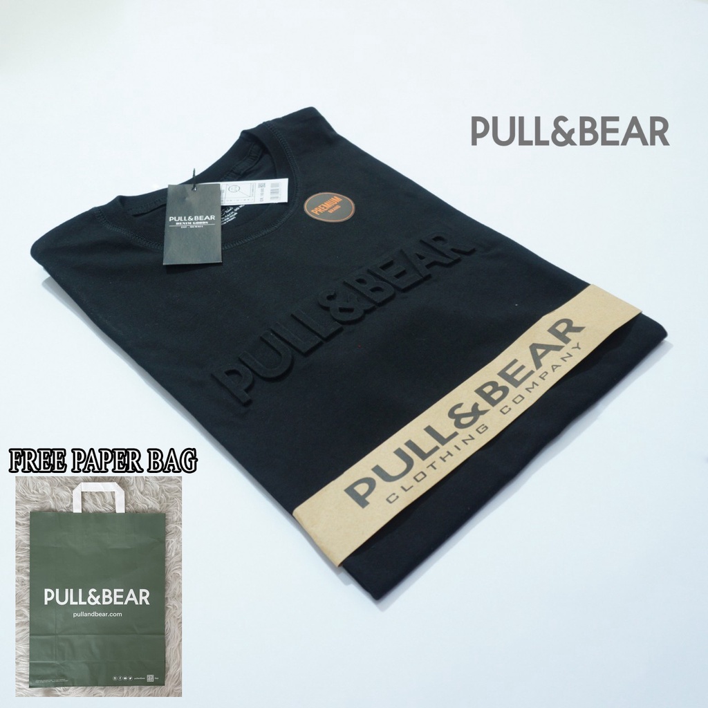 {FREE PAPER BAG} T-Shirt Baju Kaos Pull &amp; Bear Sablon Timbul - Embos Hitam Premium Quality