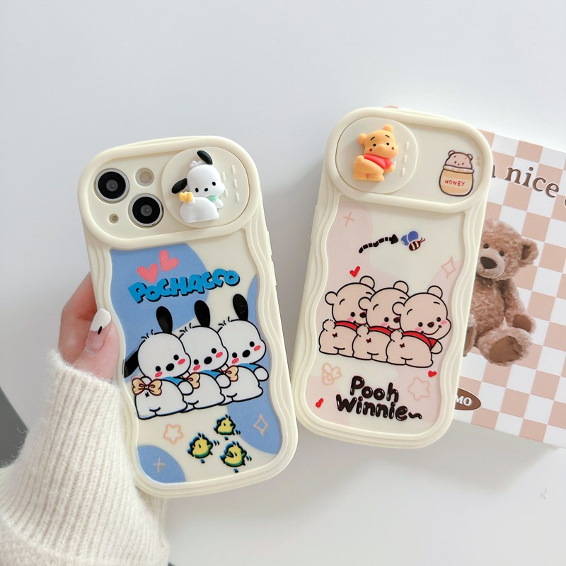 Lovely Pochacco &amp; Bear Doll Push The Window Cover Soft Case iP iPhone 11 12 13 14 Pro Max + Plus Wavy Casing Apple