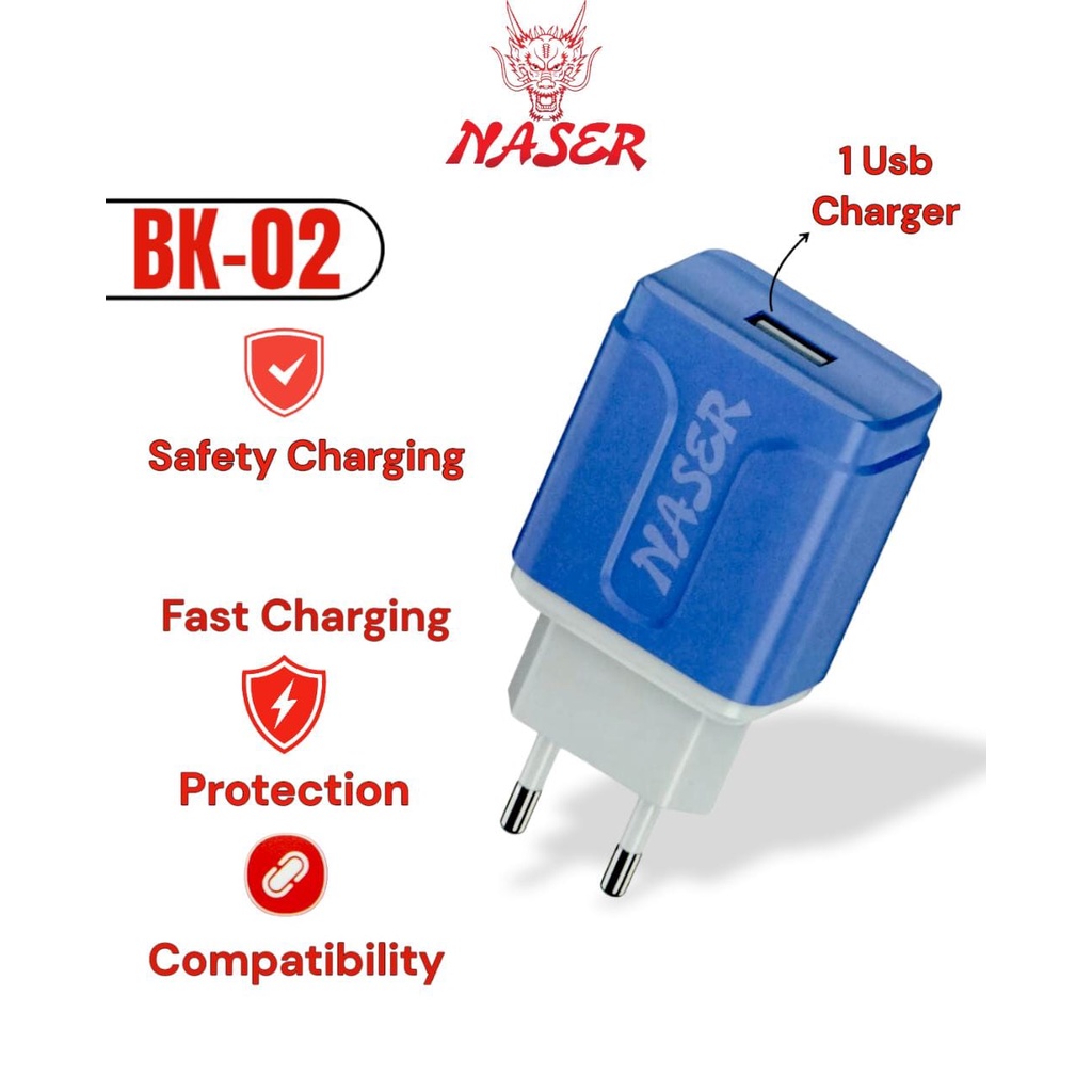 BATOK CHARGER NASER BK-02/CHARGER HP/KEPALA BATOK/KEPALA CHARGER/Batok Headphone / Adaptor Batok Naser BK-02 Charging Hp / Fast Charging /Smart Charger