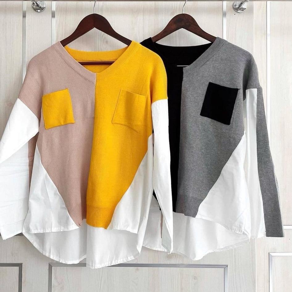 New Sale Florenza Top Twotone Kombinasi Rajut Dan Katun / Atasan Wanita Terbaru Korean Style / Blous