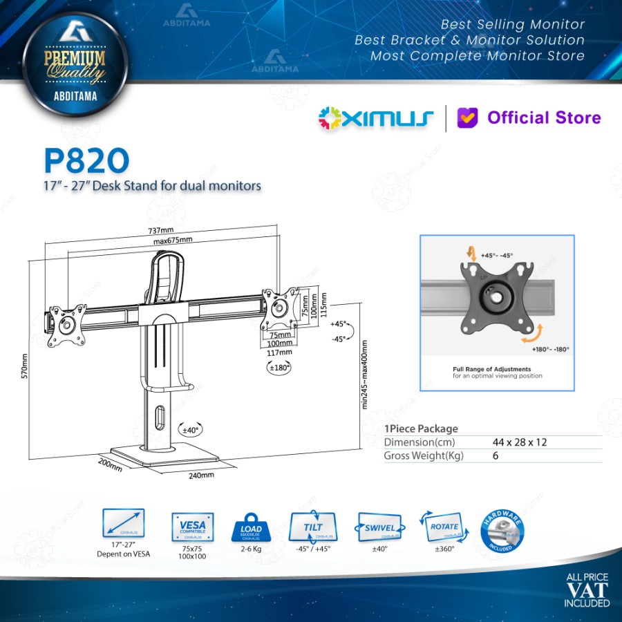 OXIMUS P820 | BRACKET DESK STAND MEJA DUAL MONITOR NAIK TURUN 17&quot;- 27&quot;