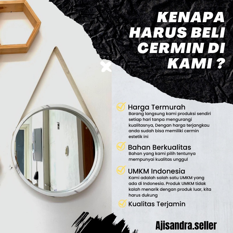 Cermin Gantung Dinding Aesthetic Bundar Bulet Bulat Frame Tebal Perlengkapan Dekorasi Dinding Kamar Tidur Cewek Ruang Tamu Toilet Mandi Rumah Motif Kayu Aestetik Estetik Vintage Diameter 35CM Lengkap Tali Kantungan Kulit Sintetis Sabuk Hanging Miror