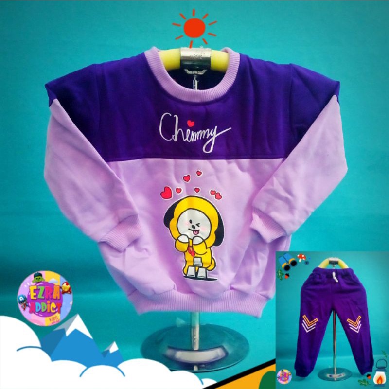 TERMURAH - Umur 1 2 3 4 5 6 tahun - Misel Setelan Sweater Korea Girl BTS BT21 - Pundak Ungu Tua Chim