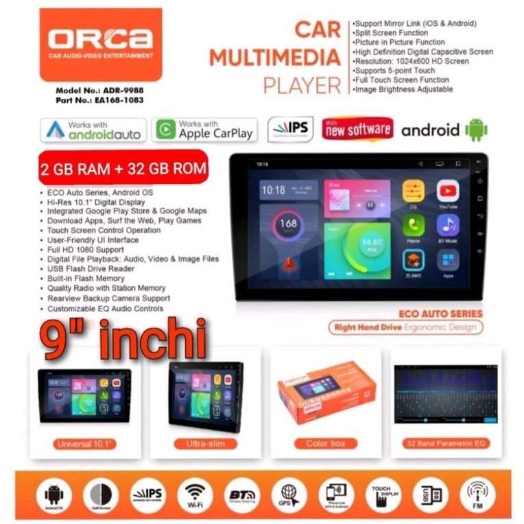 Head Unit Android ORCA ADR 9988  2 / 32 Gb ANDROID ORCA ECO Series