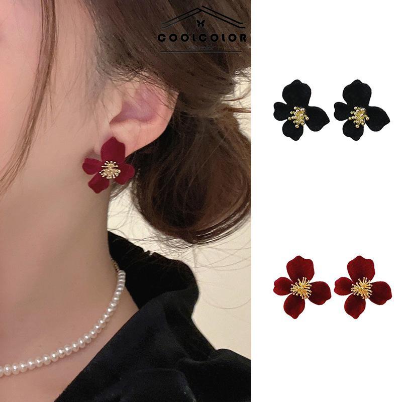 COD❤️Anting Bunga Velvet Earrings Stud Desain Bunga Bahan Velvet Untuk Musim Dingin Gaya Korea  Wanita Fashion Murah