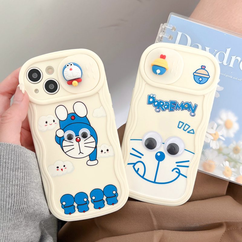 Eyes Move Doraemon Doll Push The Window Cover Soft Case iP iPhone 11 12 13 14 Pro Max + Plus Wavy Casing Apple