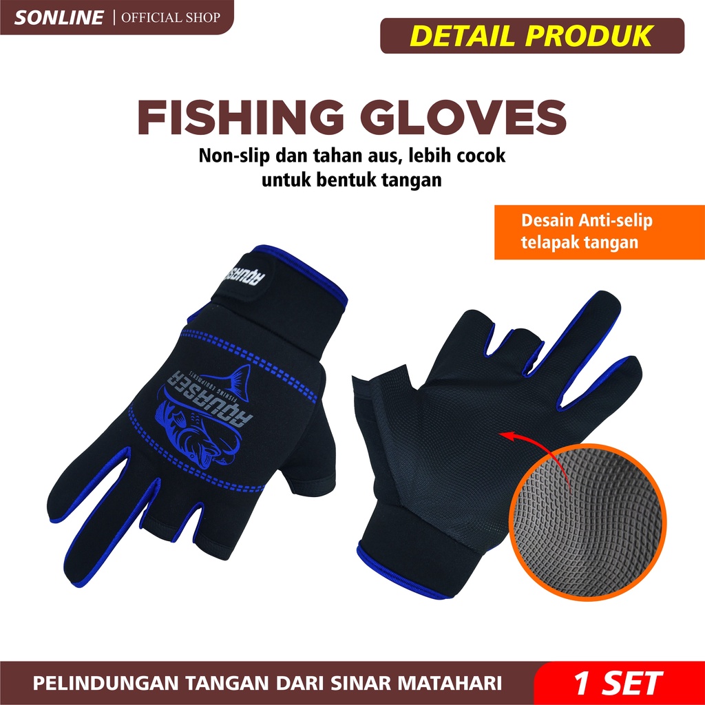 SONLINE Sarung Tangan Mancing Warna Hitam Biru Anti-Slip Gloves Waterproof Fishing Gloves Premium