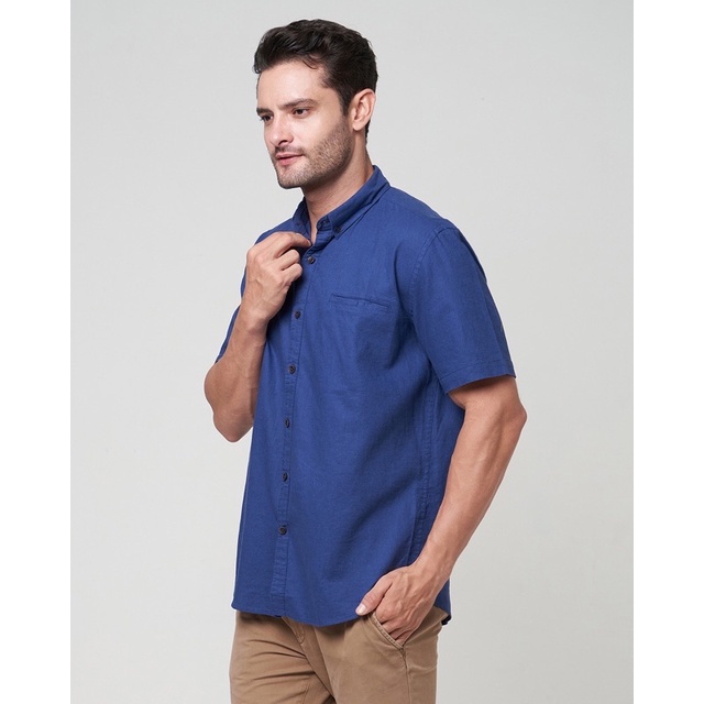 Peternation kemeja linen plus kerah basic pendek royal blue regular fit