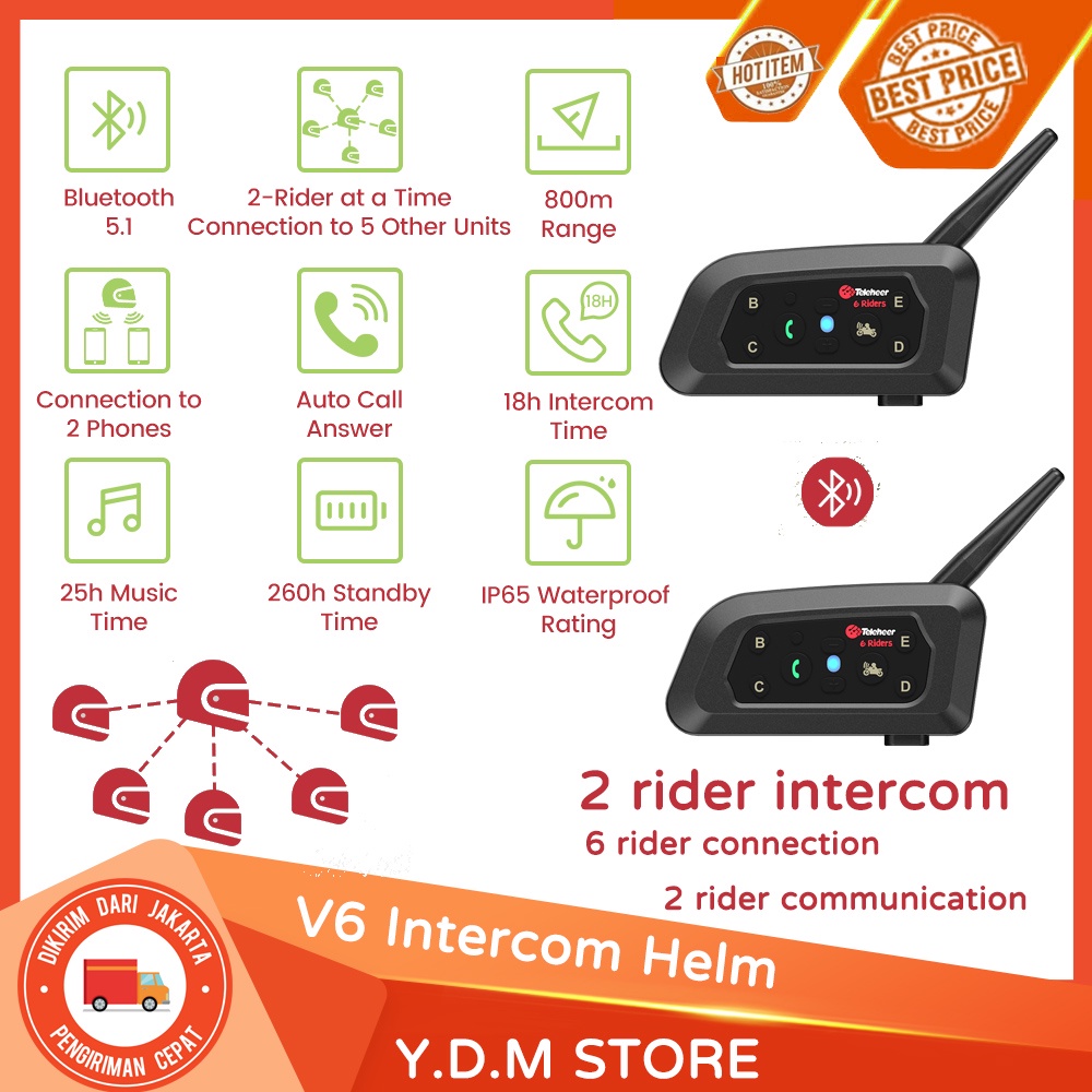 Teleheer V6 Bluetooth 5.1 Nirkabel Sepeda Motor Helm Intercom Headset Sistem Peredam Kebisingan Headphone 1200 M Rentang 6 Pengendara Full Duplex Interphone
