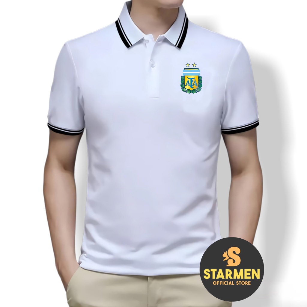 Kaos Polo Shirt Pria Kerah List Putih logo ARGENTINA