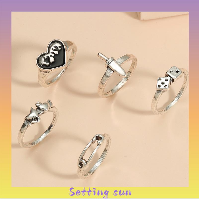 Domingo Ring Alloy peniti dadu love pedang retro silver cincin wanita fashion korea 5 set TN