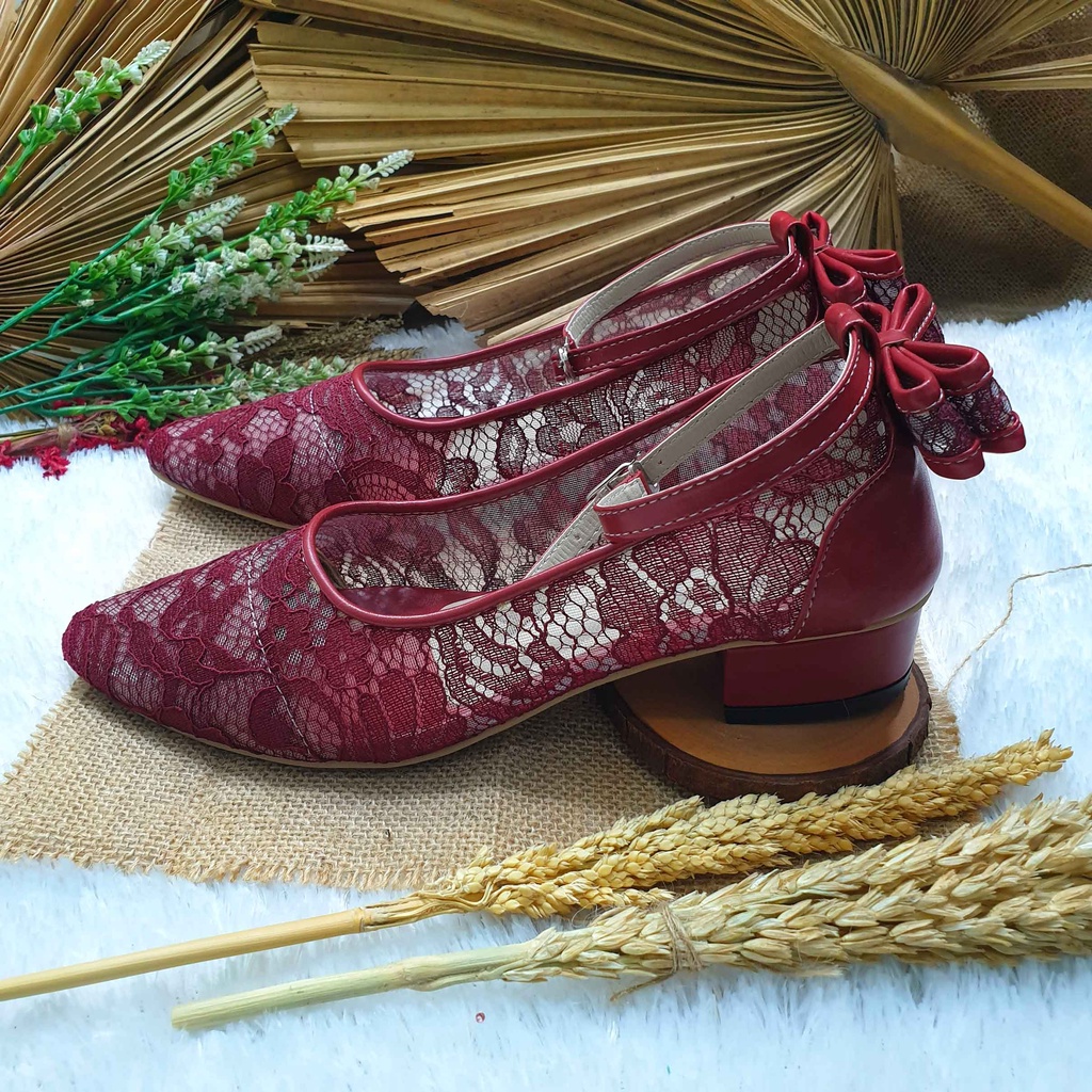 sepatu wanita vilea maroon pita tinggi 3cm tahu