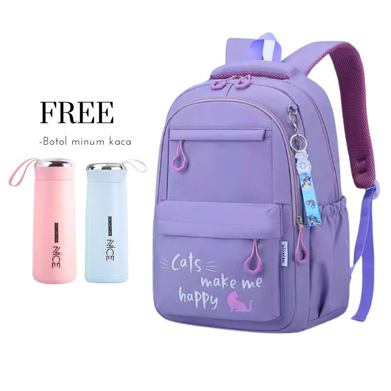 Ransel Wanita Terbaru Backpack Korea Tas Sekolah Remaja Cats Happy Free Botol Nicee STYLE Anak Remaja