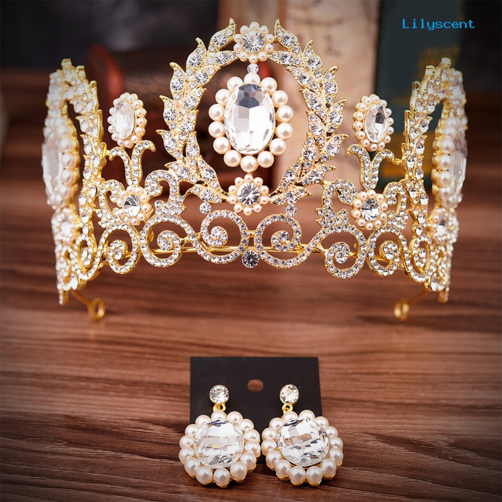 [LS]Baroque Wanita Berlian Imitasi Mahkota Mutiara Imitasi Tiara Anting Set Perhiasan Pernikahan