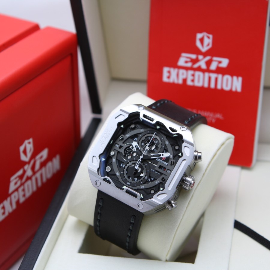 Jam Tangan Expedition Pria E 6826 / E6826 Leather Black ring Silver Original