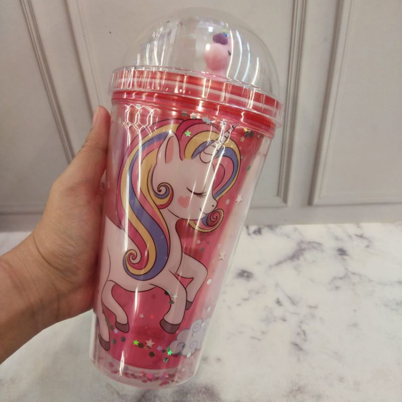 GELAS GLITTER MOTIF UNICORN 450ml DENGAN SEDOTAN//GELAS UNIK DAN LUCU
