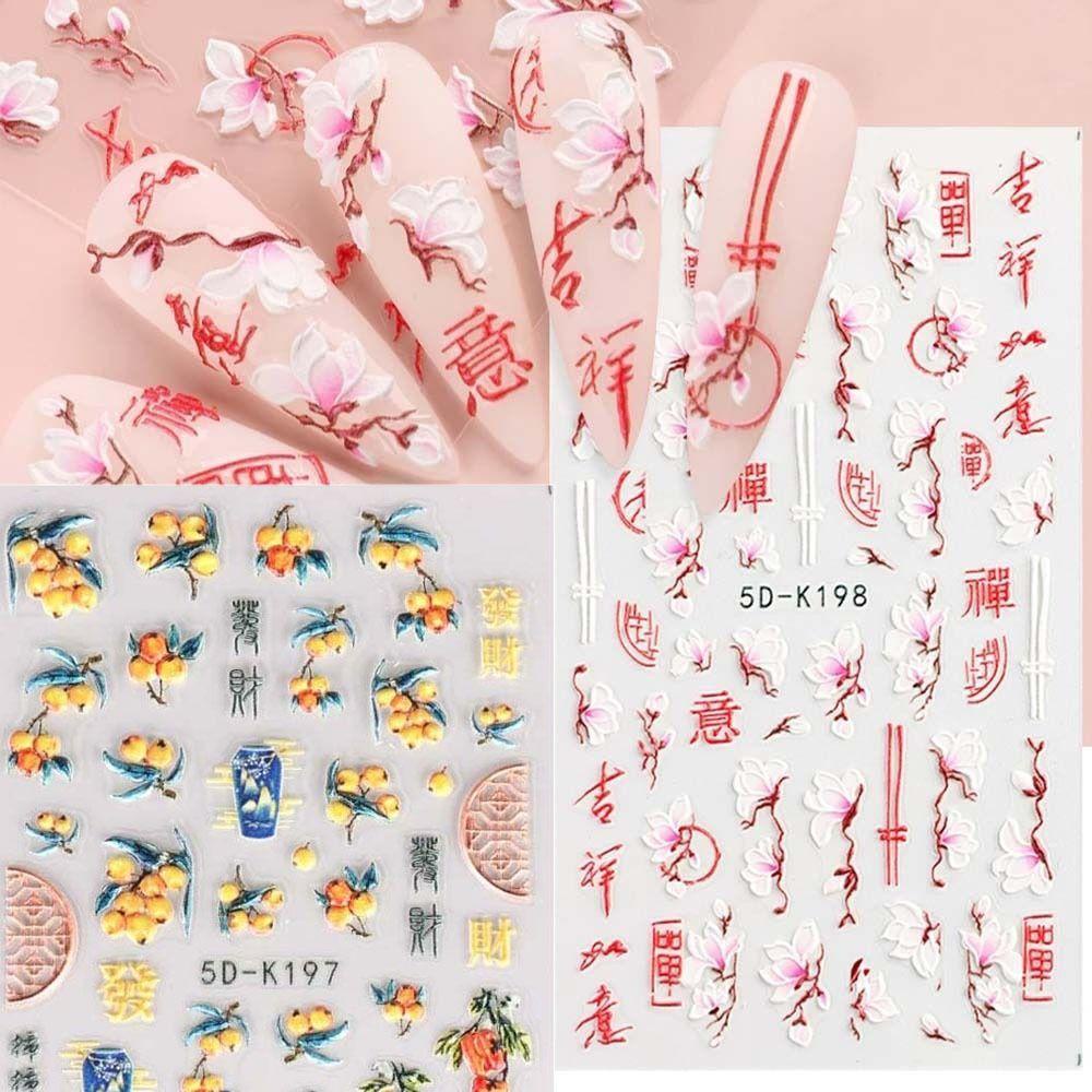 Mxbeauty Stiker Kuku Cina Gaya Antik 5D Timbul Perekat Diri Magnolia Bunga Putih Karakter Cina Nail Art Dekorasi