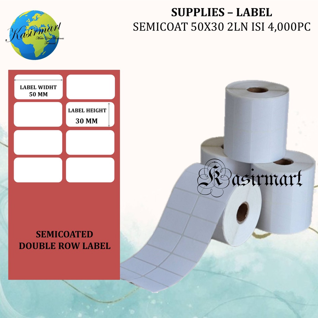 LABEL BARCODE SEMICOAT 50X30 2 LINE ISI 4000 PCS CORE 1&quot; CETAK LABEL HARGA BARANG