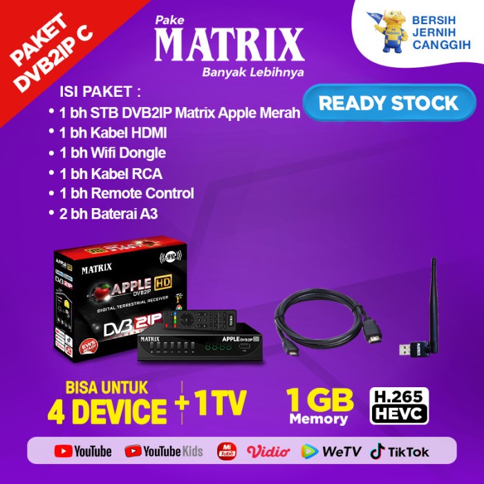 SET TOP BOX DVB2IP MATRIX APPLE MERAH + HDMI + WIFI DONGLE TERBARU