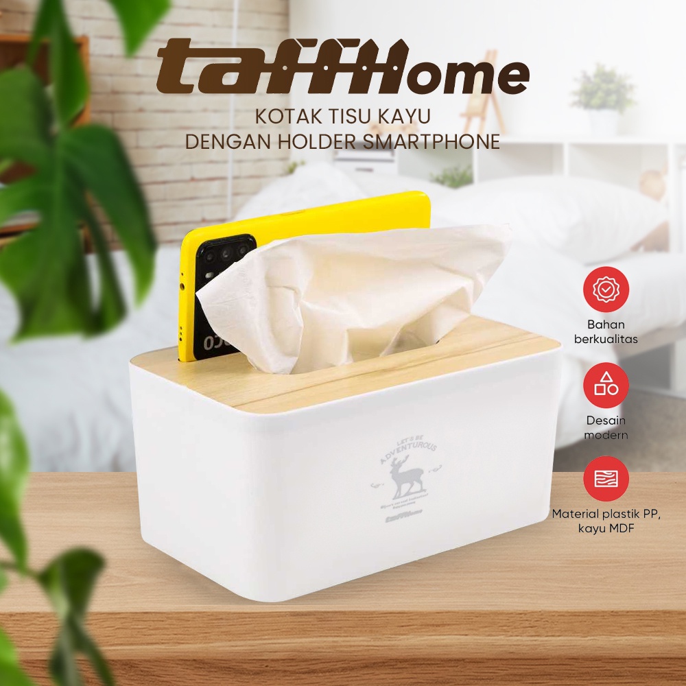 Kotak Tisu Kayu Tissue Box dengan Holder Smartphone - ZJ008 - 7RHXQ0WH White