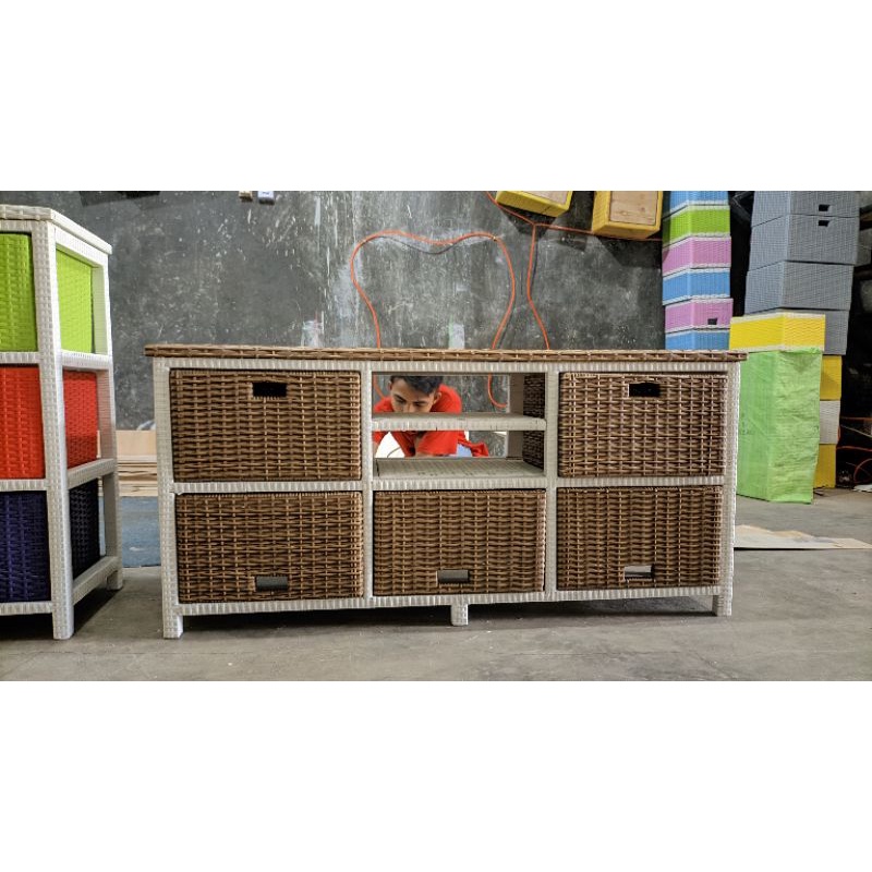 Lemari Rotan Sintetis 5 Laci Dvd Lemari Plastik Meja TV Rotan Rak Susun Murah