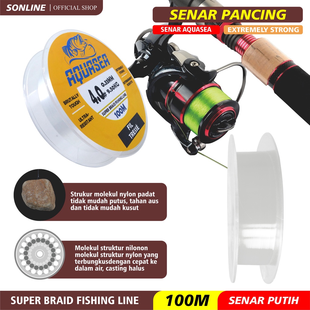 SONLINE Tali Pancing 100m Warna Putih Senar Pancing Nilon Aquasea Gorilla Tough Super Braid Fishing Line Kuat &amp; Tahan Bahan