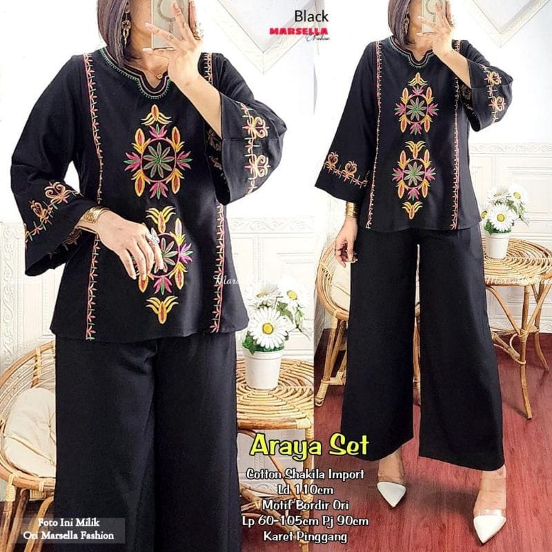 Baju Wanita Setelan Terbaru Araya Set Celana Panjang One Set Wanita Kekinian Setelan Jumbo Bahan Shakila Import Aksen Bordir