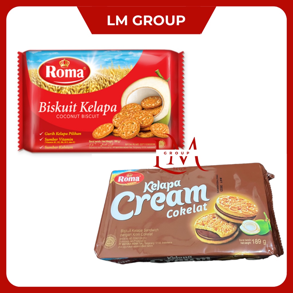 

Roma Kelapa Biskuit Kelapa/Durian/Cream Cokelat @189gr/Besar @300gr/Renceng Isi 10 pcs @27gr