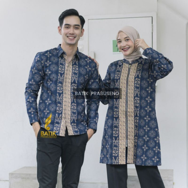 Batik Prabuseno Couple Motif Hanum Navy Lengan Panjang Kemeja Hem Atasan Tunik Lengan Panjang Pria W