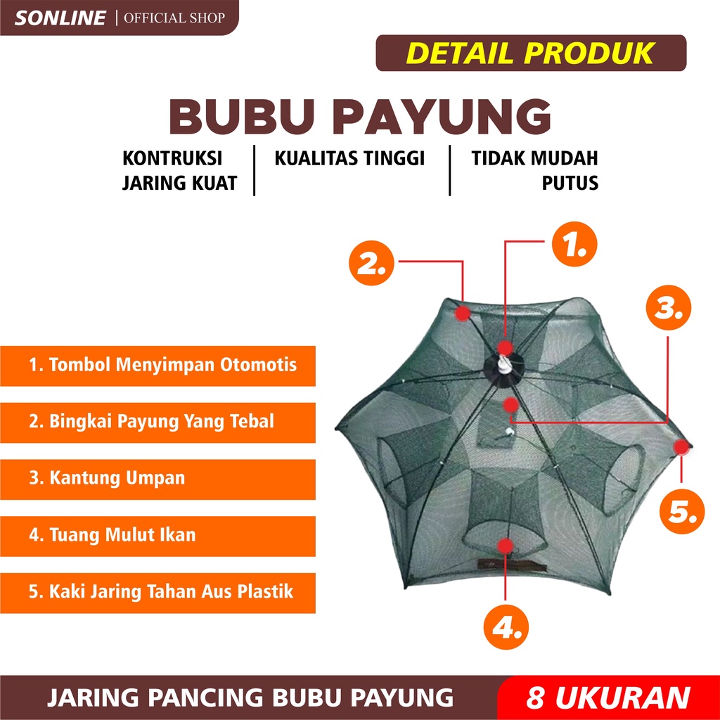 SONLINE Payung Bubu 8 Ukuran Jaring Jebakan Perangkap Udang ikan Kepiting Model Payung 2/4/6/8/10/12/16/20 Lubang