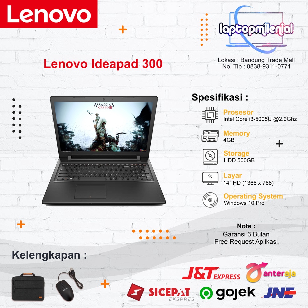 Lenovo Ideapad 300 Core i3-5005U RAM 4GB HDD 500GB GeForce 920M Berkualitas Bergaransi