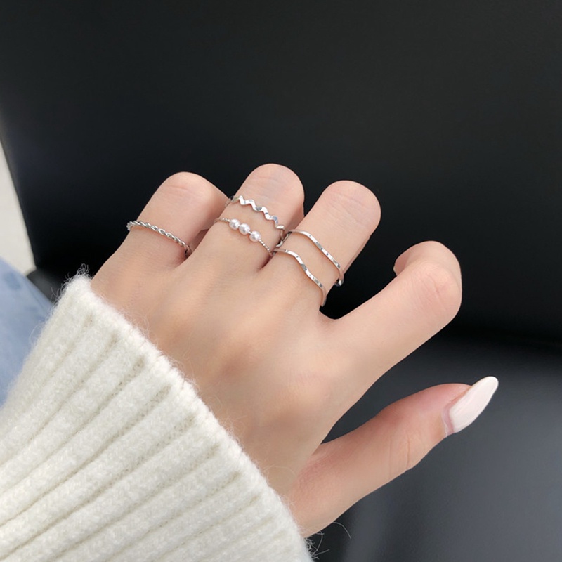5 Pcs/Set Cincin Korea Ins Lingkaran Mutiara Cincin Wanita Gadis Fashion Aksesoris Perhiasan Jewelry