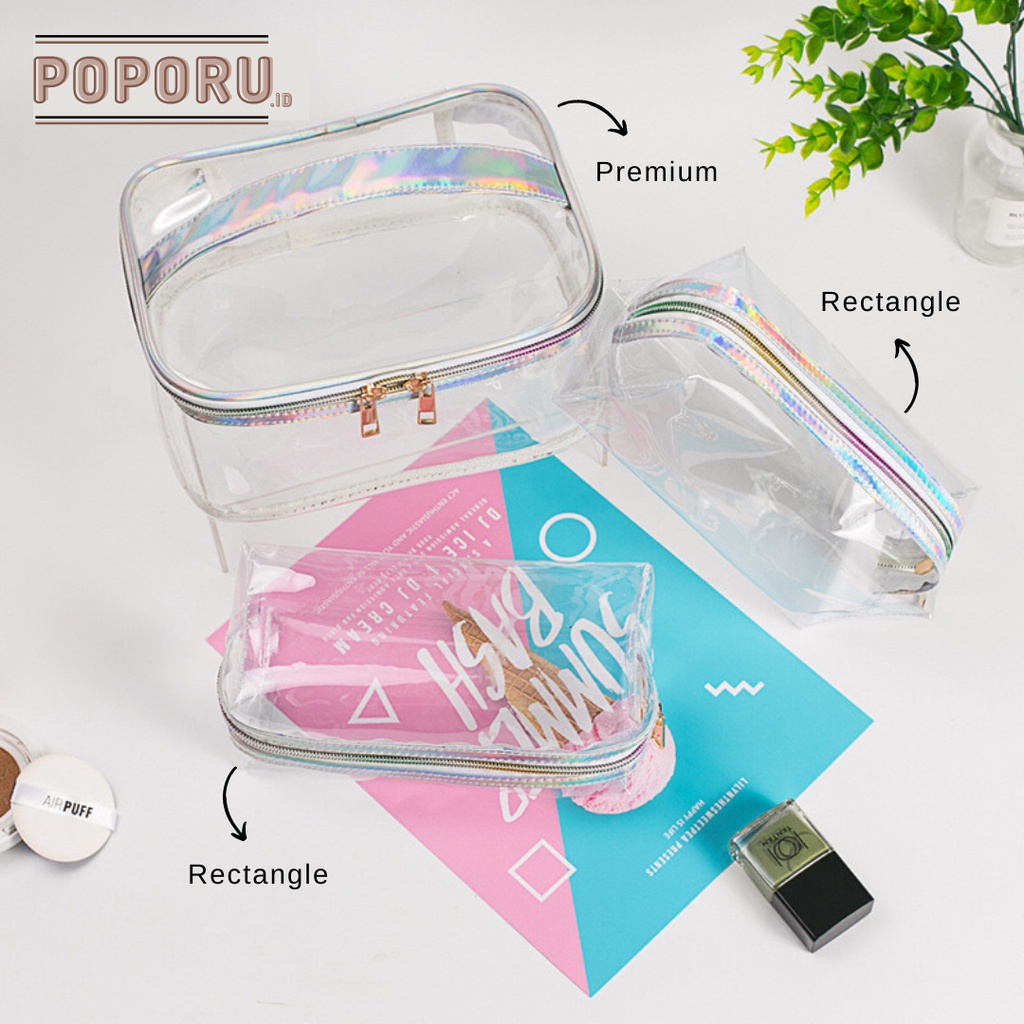 POPORU CLEAR HOLOGRAM Transparent Pouch / Tas Kosmetik Bening / Pouch Transparan Travel  Murah / Anti Air PVC