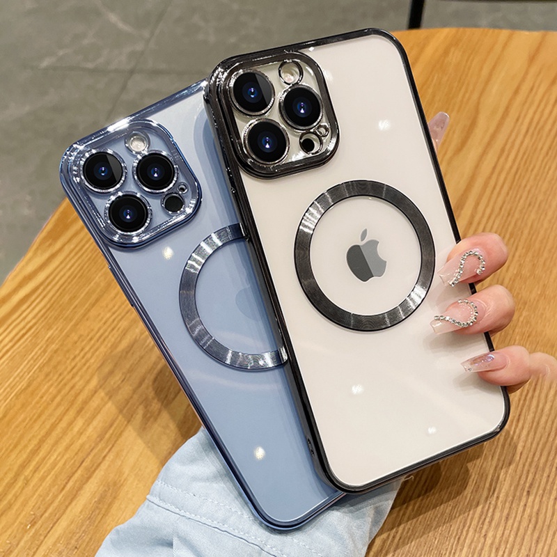 IPHONE Mewah Plating Bening Logo Lubang Shockproof Phone Case Untuk Iphone11 12 13 14 Pro Max Mini XR X XS 78 Plus Cover Perlindungan Lensa