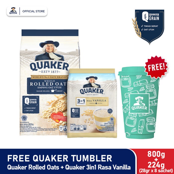 

[new] Quaker Rolled Oats 800g + 3in1 Vanilla Polybag 224g Free Tumbler