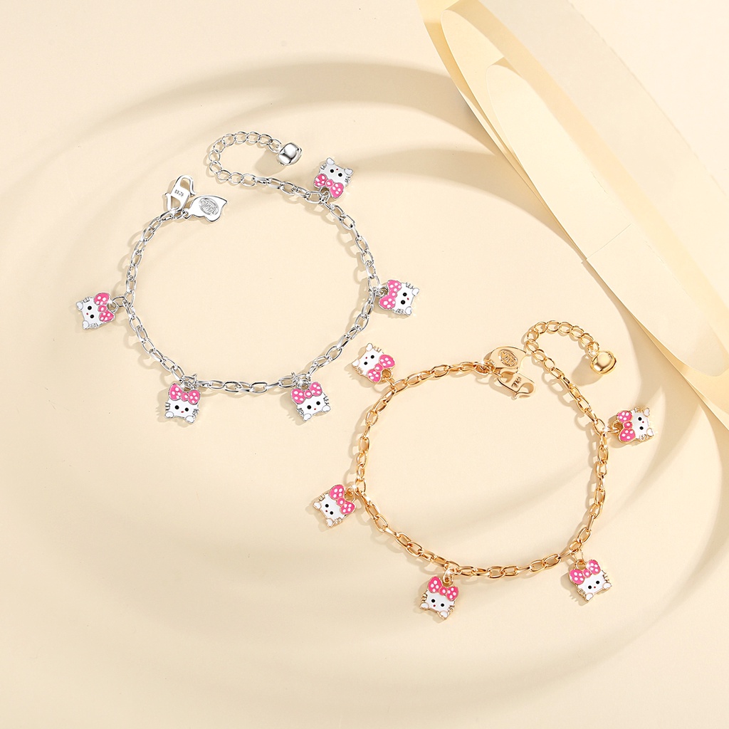 Lanme Jewelry Gelang Anak Titanium Asli Anti Karat Gelang Kucing Merah Muda Anak Tali Cewek Kado Per