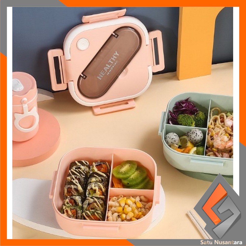 SN-C757 Lunch Box Set Alat Makan 3 Sekat Anti Tumpah / Kotak Bekal Makan Anak Free Sendok Sumpit Anti Bocor