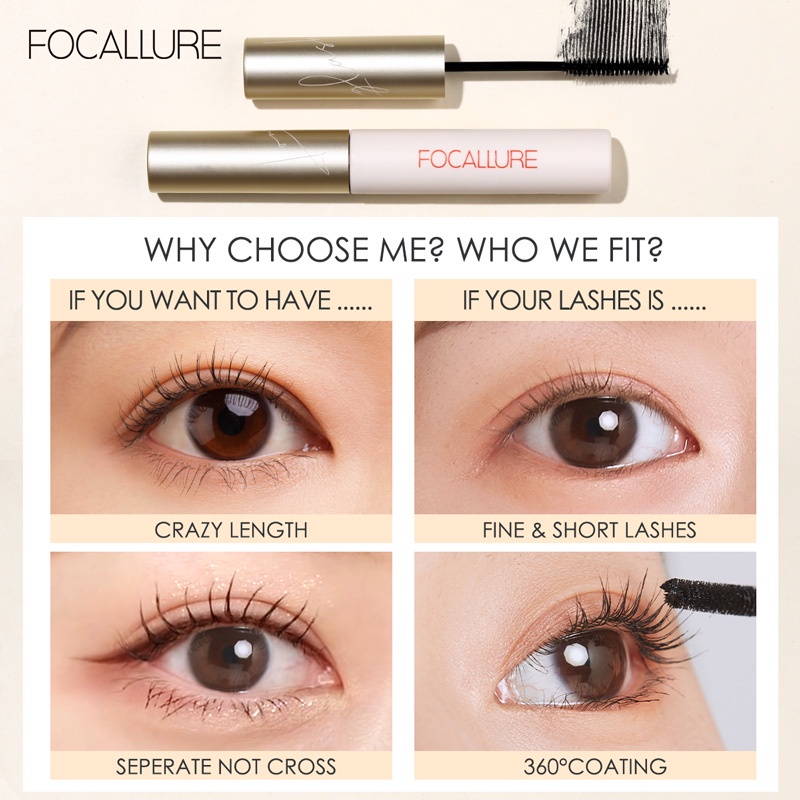 FOCALLURE Alat Rias Premium Mascara Curled 3mm Micro Brush Fiber-filled Mascaras Curling Eyelash tahan air Mascara FA169