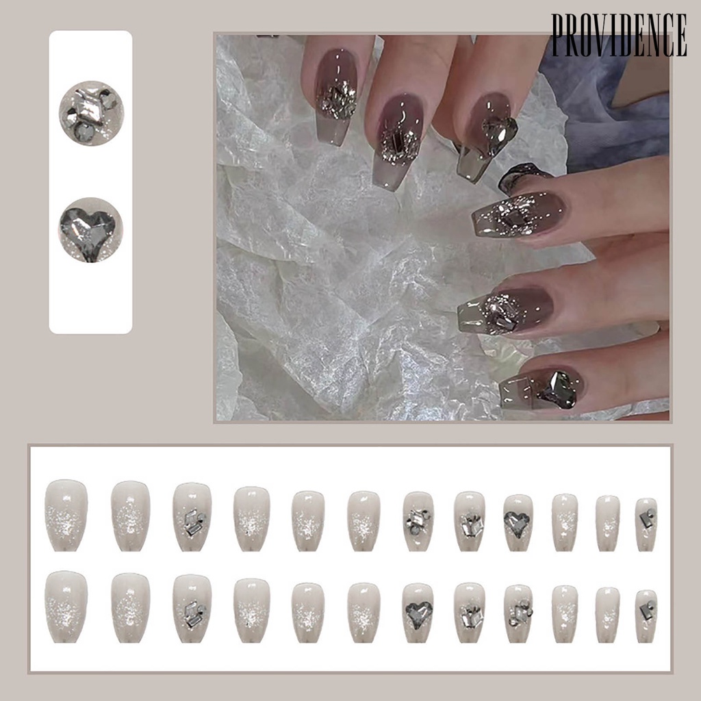 Providence 24 Pcs Press on Nails Almond Transparan Hitam Removable DIY Full Cover Pendek Ballerina Jantung Kuku Palsu Perlengkapan Salon