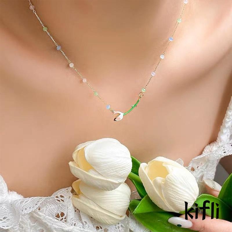 [KD]Kalung Pink Tulip Liontin Kristal Rantai Wanita Gaya Korea