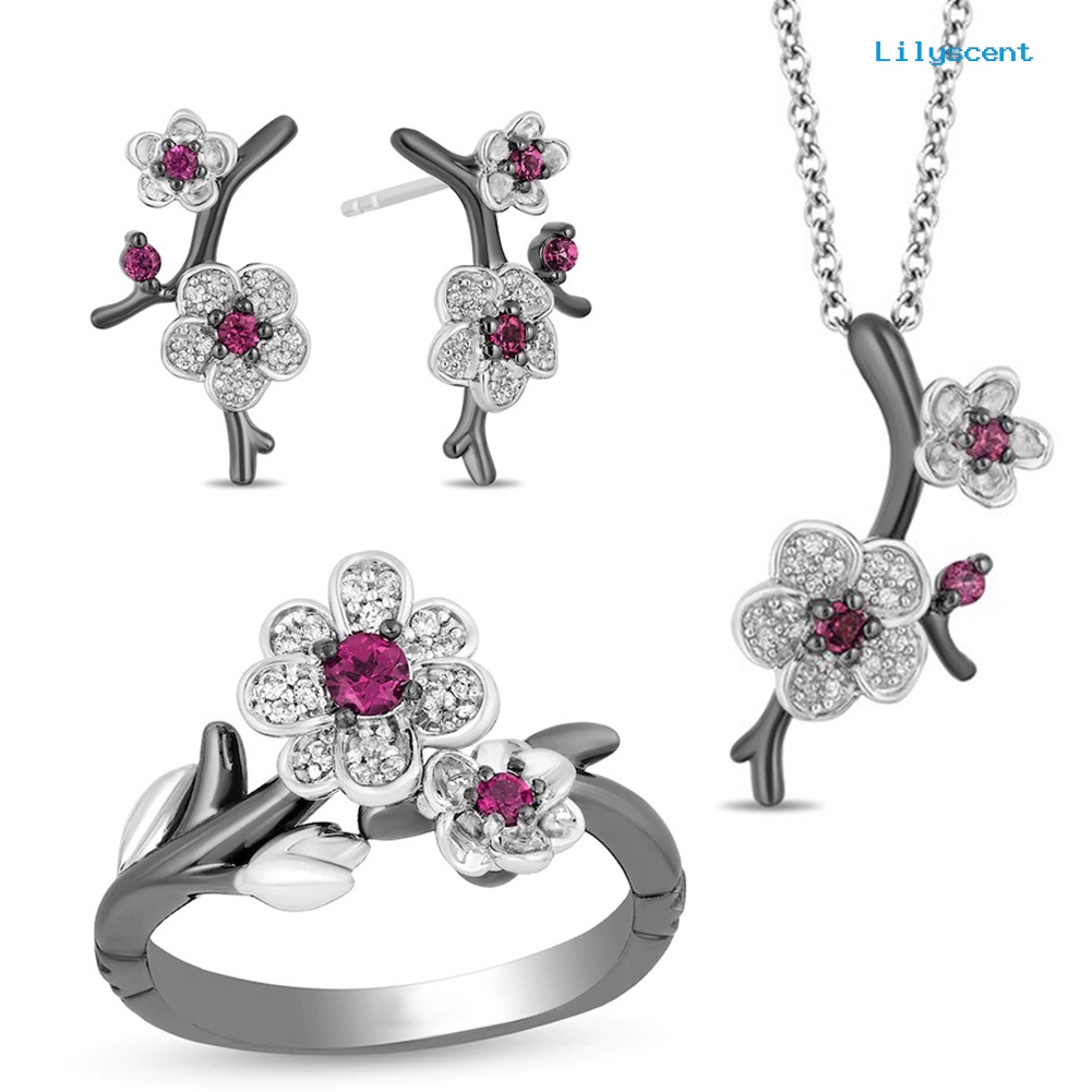 [LS] Berlian Imitasi Plum Blossom Bunga Wanita Kalung Telinga Stud Anting Cincin Jari