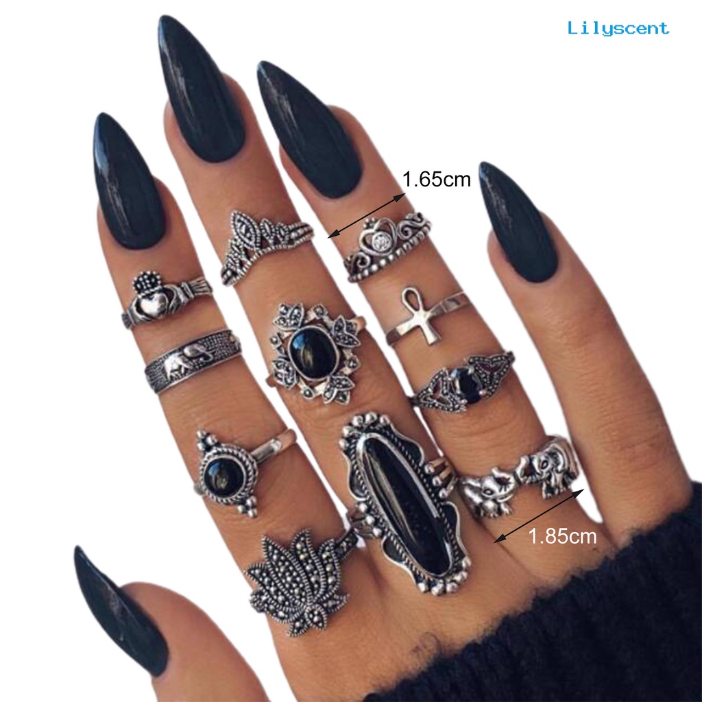 [LS]11/1/13 /15 Pcs Ukir Bunga Stackable Knuckle Rings Alloy Bohemia Hitam Faux Permata Jari Cincin Perhiasan Aksesori