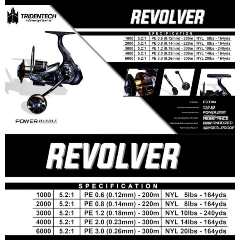 reel spining revolver. tridentech 1000, 2000,3000,4000,6000 murah meriah, power handle