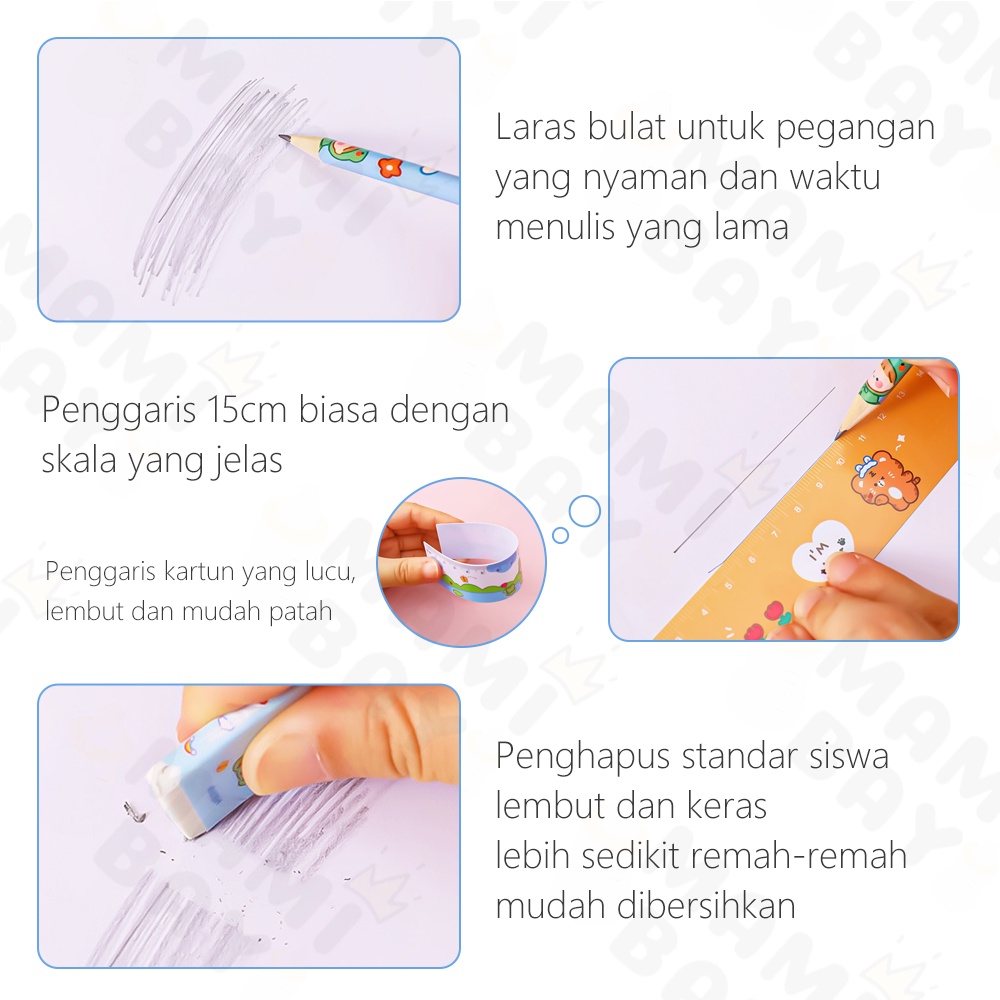 Mamibayi Pensil Set Penghapus Alat Tulis Anak Rautan pensil Stationery Set 5 in 1