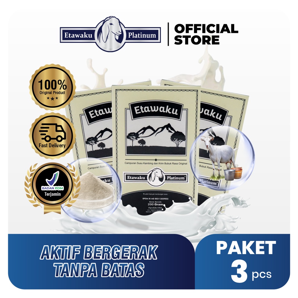 

ETAWAKU Platinum Paket 3 Box Susu Kambing Etawa Murni + Krimer Bubuk Berkhasiat Tinggi Memiliki Kandungan Protein dan Vitamin Kompleks lengkap, melancarkan pencernaan Mengatasi Nyeri Persendian