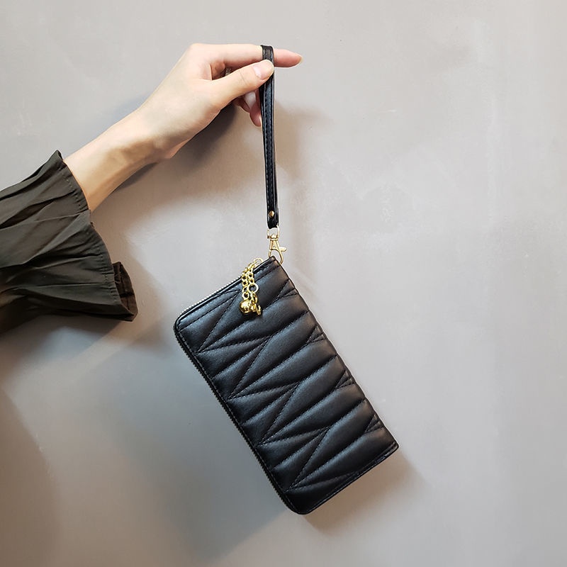 CYS Dompet Panjang Wanita Resleting Hitam Polos Kulit PU Timbul Fashion Simpel Kekinian D83