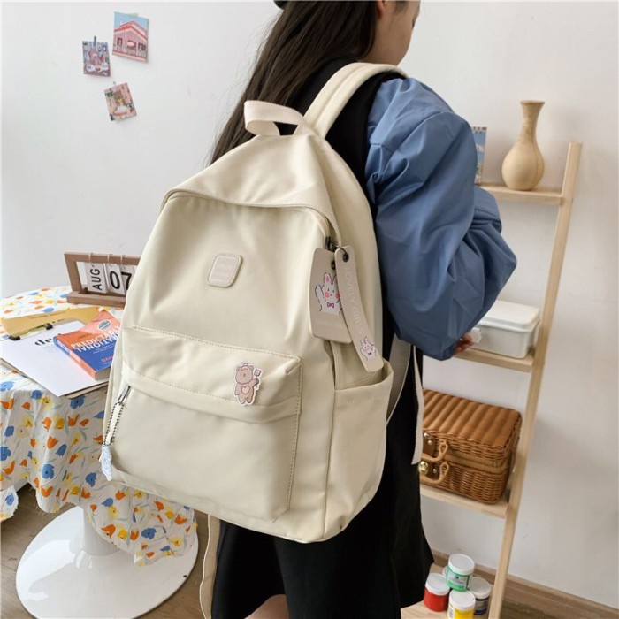 Tas ransel Pastel Riby Korean Nilon backpack Import polos Tas sekolah - Putih
