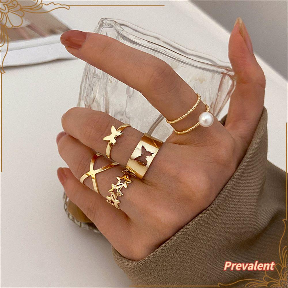Preva 5pcs/Set Cincin Mutiara Set Wanita Perhiasan Emas Geometris Alloy Butterfly