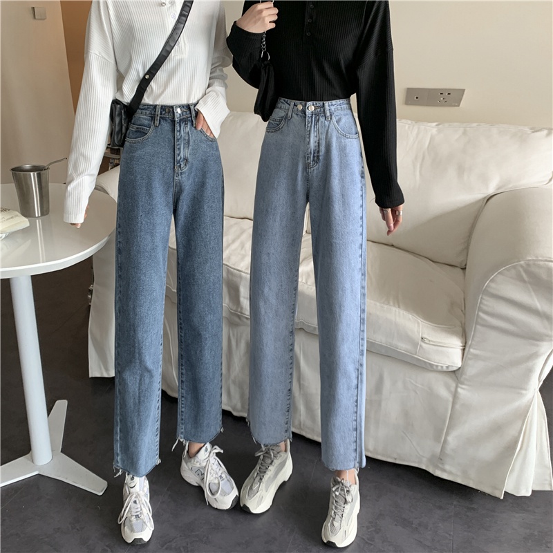 Biru muda&amp;Biru retro new unfinished boyfriend celana jeans wanita